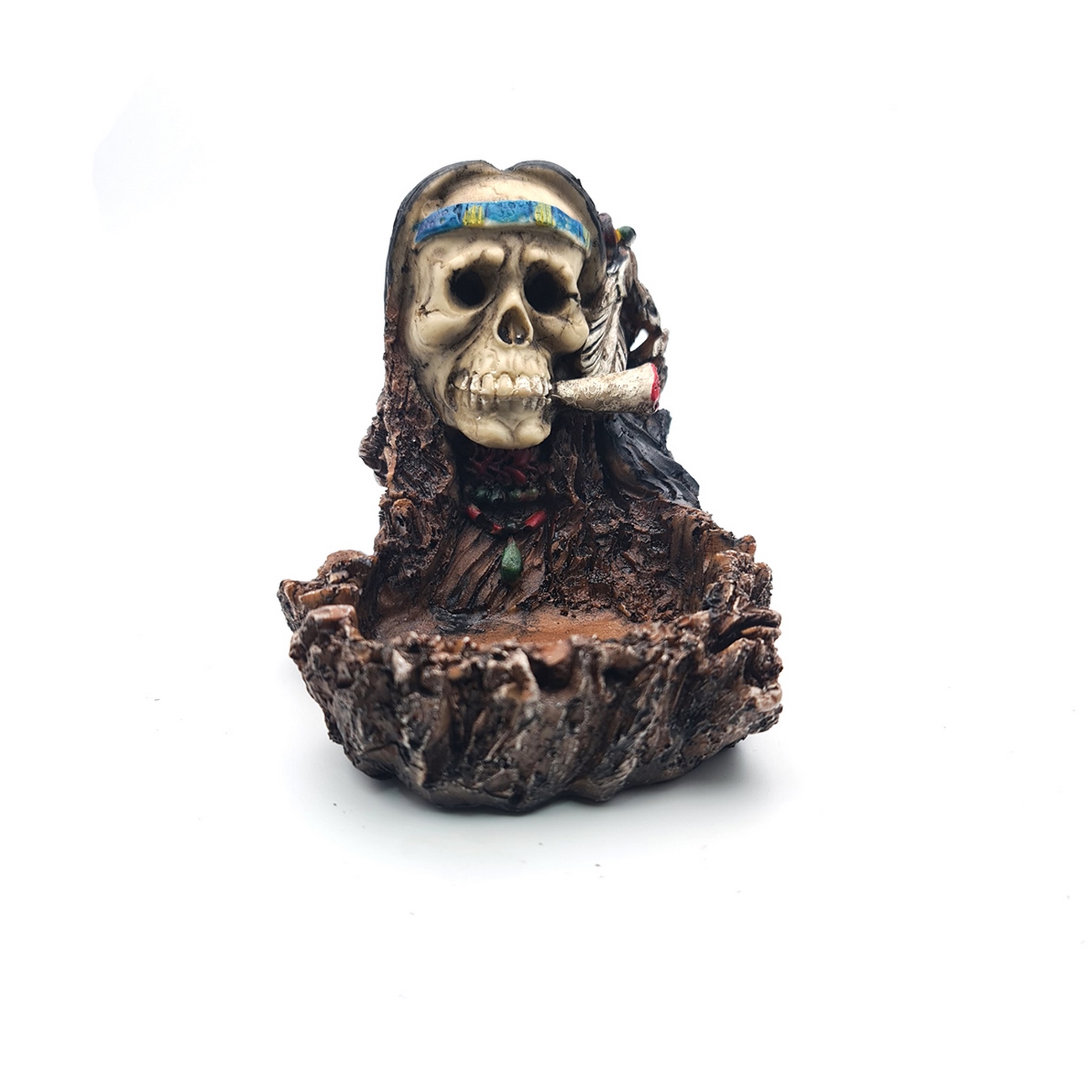 Cenicero Calavera Rasta Indio Pluma Blanca Decoración